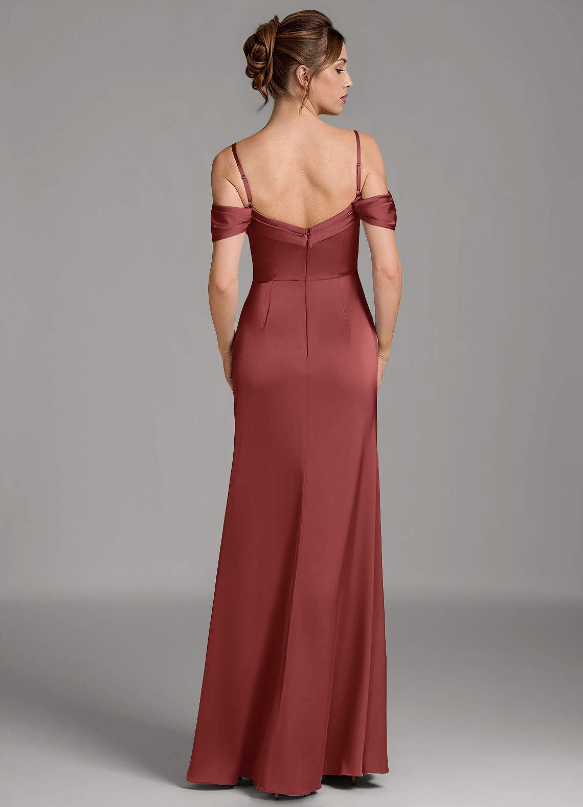 Wyatt Mermaid Off-the-Shoulder Stretch Satin Bridesmaid Dress in Terracotta