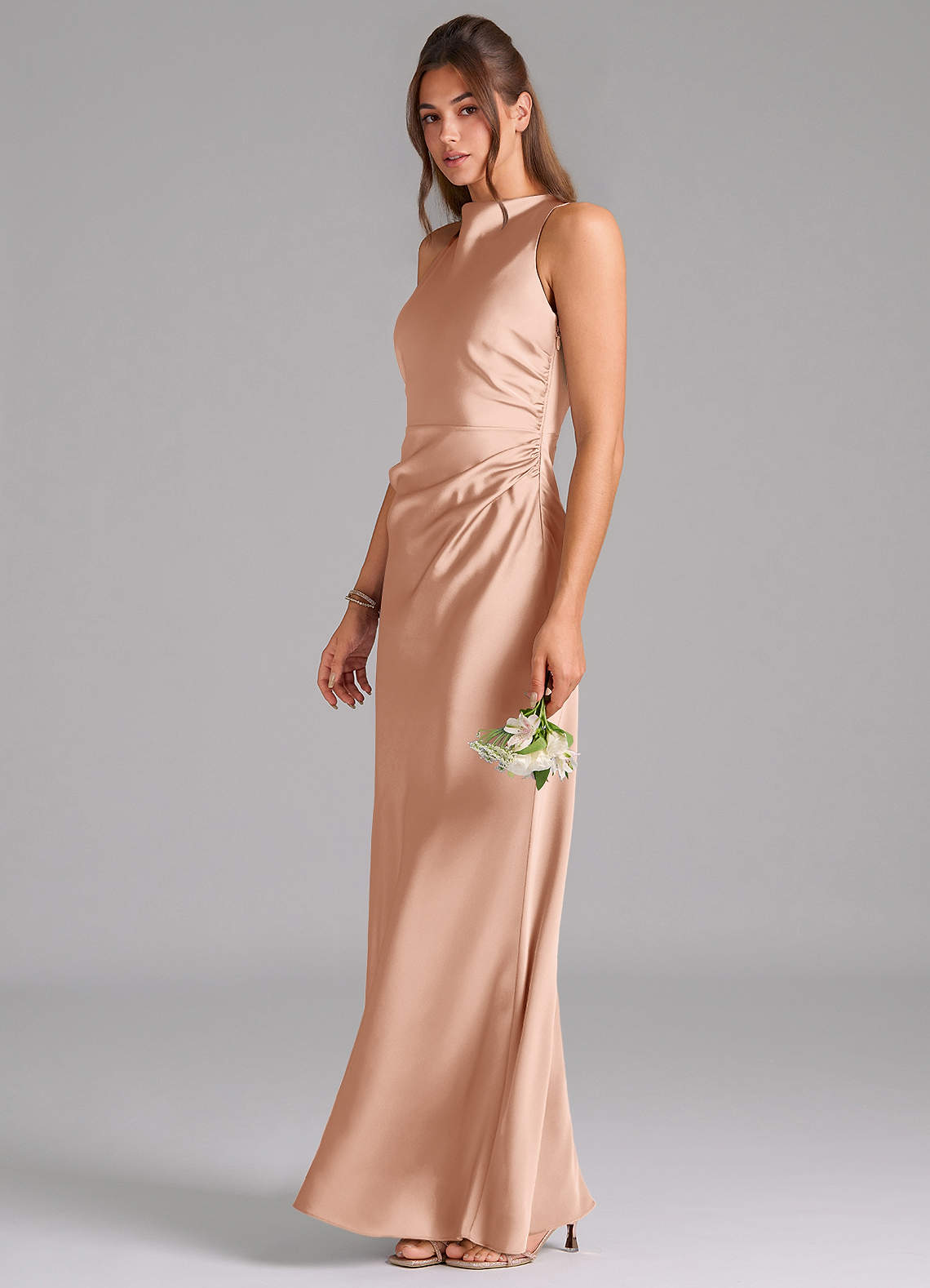 Evadne Sheath Scoop-Neck Stretch Satin Bridesmaid Dress in rose gold