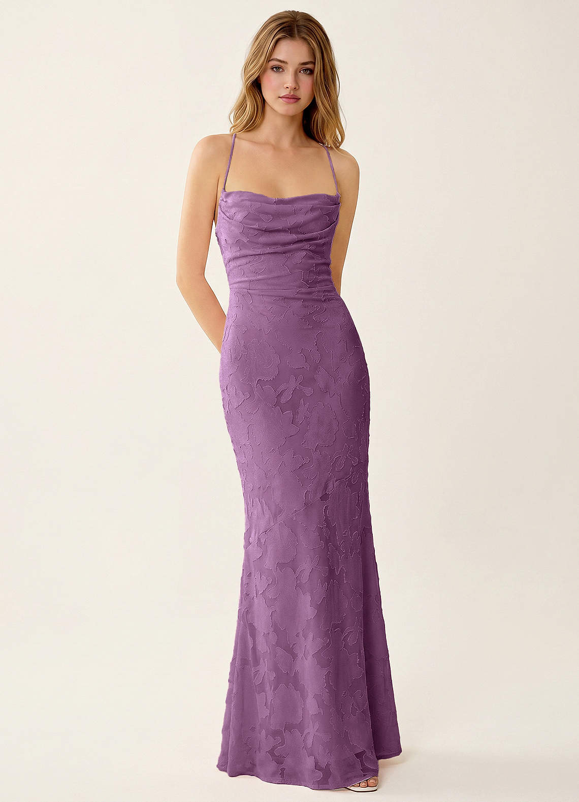 Natasha Mermaid Spaghetti-Strap Floral Burnout Evening Dress in Wisteria