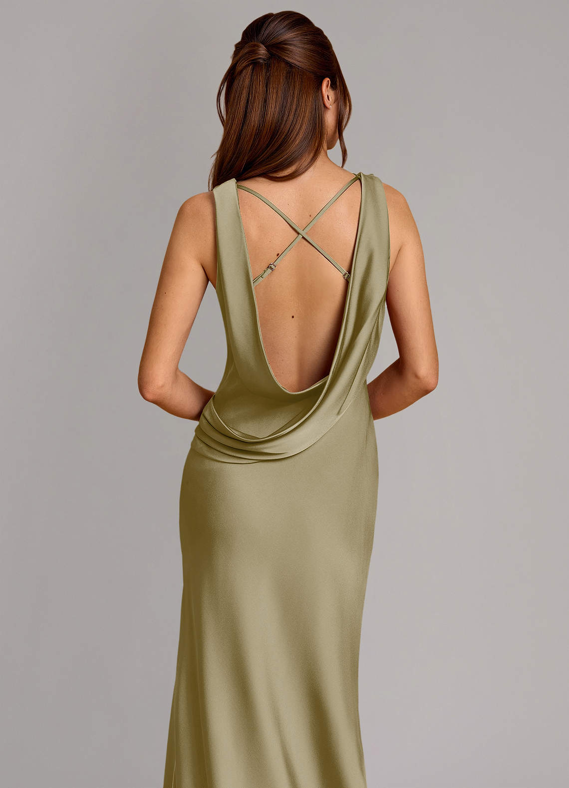 Cheryl Mermaid Cowl-Neck Stretch Satin Bridesmaid Dress in Moss Green