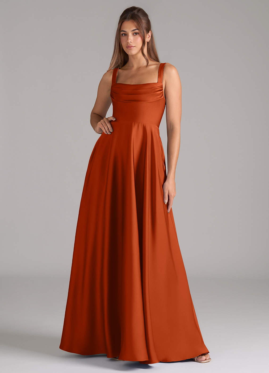 Shaude A-Line Square-Neck Stretch Satin Bridesmaid Dress in Burnt Orange