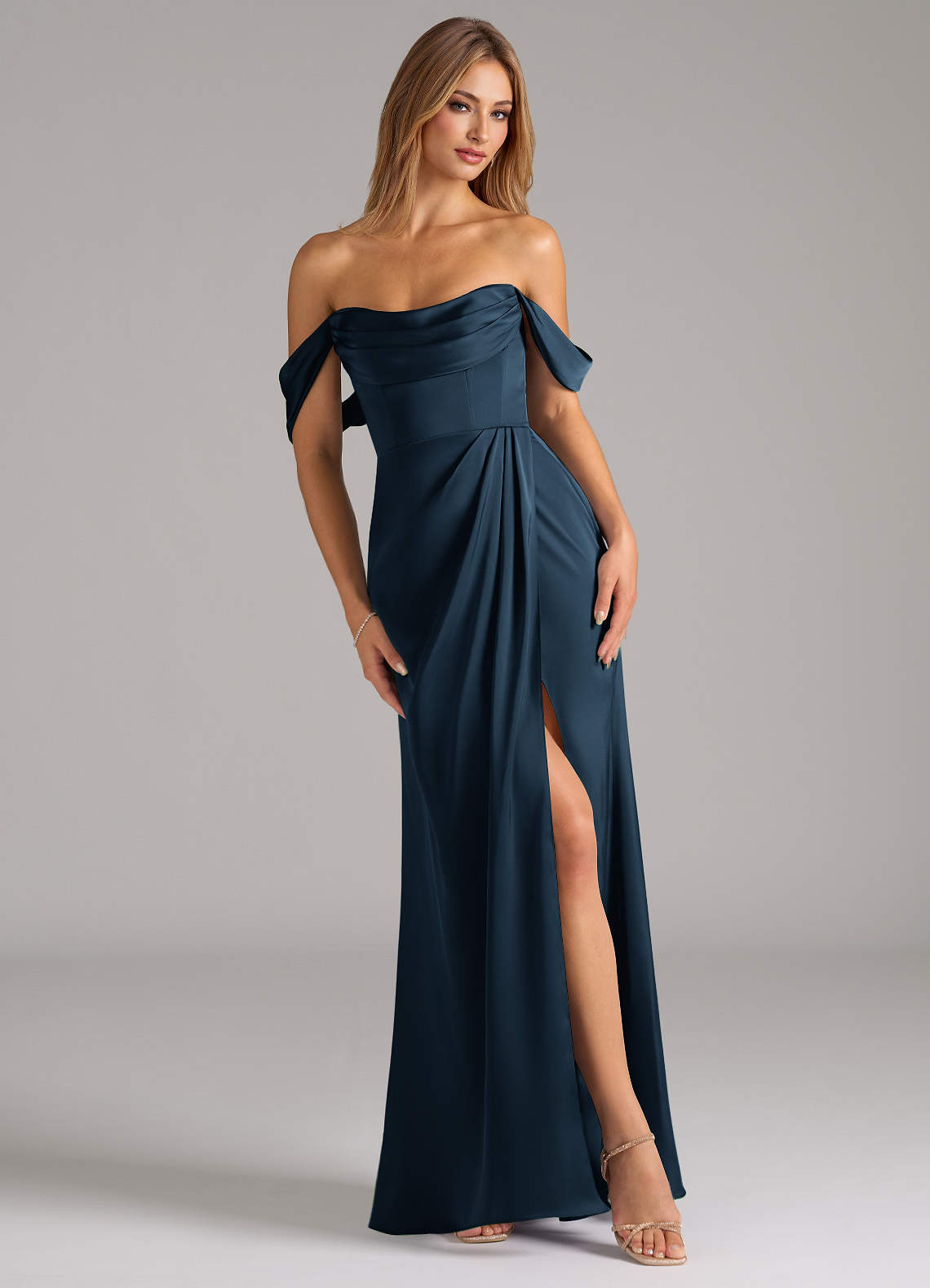 Johana Mermaid Off-the-Shoulder Stretch Satin Bridesmaid Dress in Dark Navy