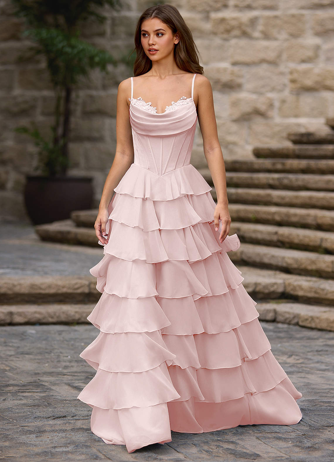 Floralace A-Line Ruffle Chiffon Evening Dress in Powder Pink