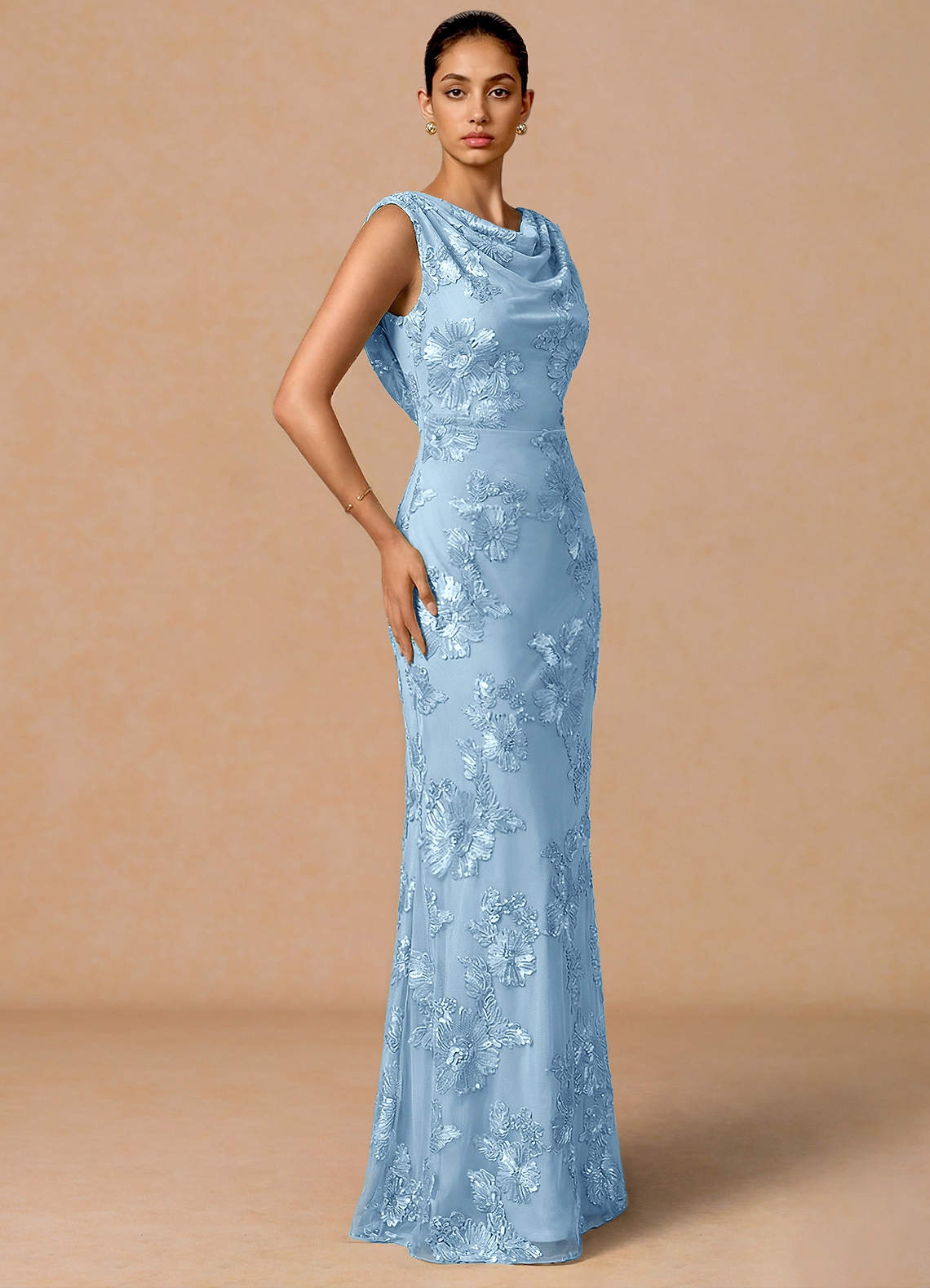 Elowis Column Open-Back Floral Mesh Evening Dress in Forest Green