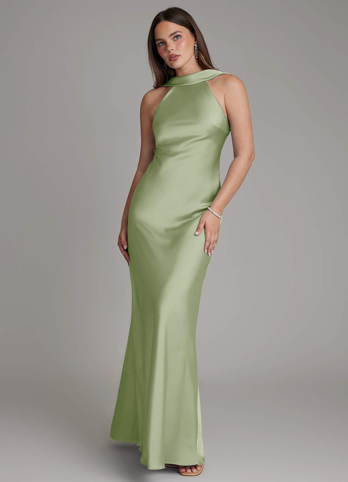 Dimitra Sheath Halter Stretch Satin Bridesmaid Dress in Dusty Sage