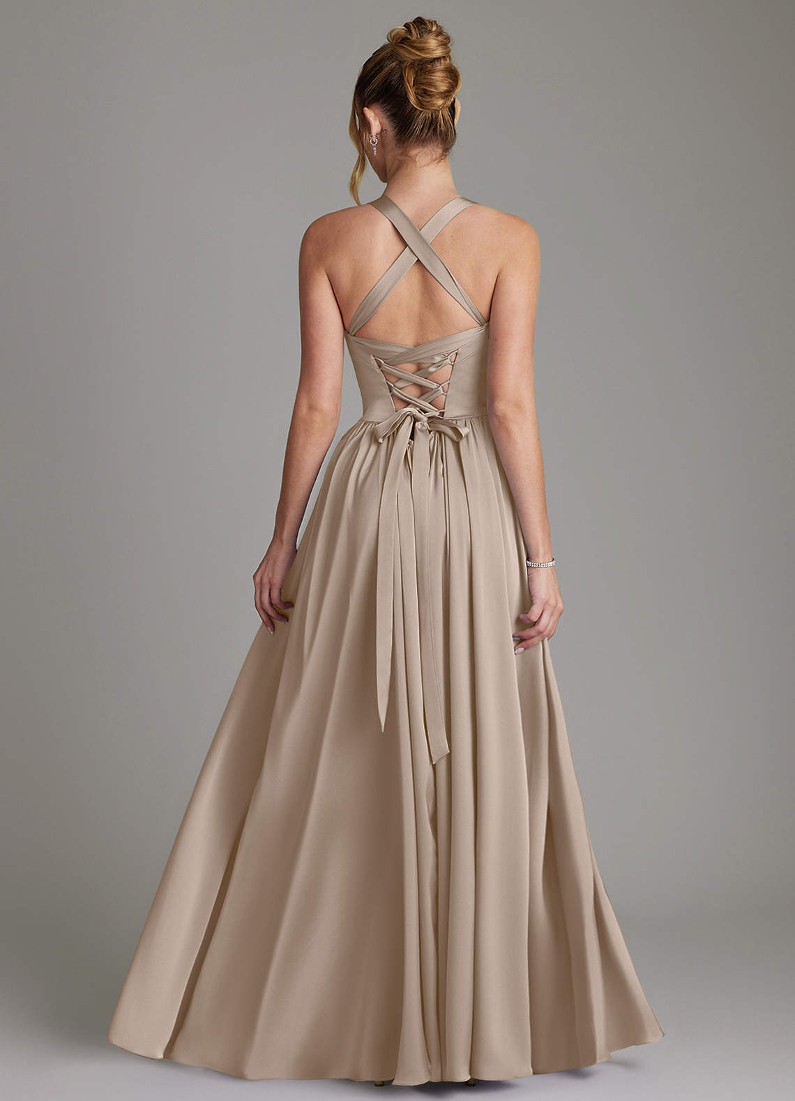 Francis A-Line V-Neck Stretch Satin Bridesmaid Dress in Taupe