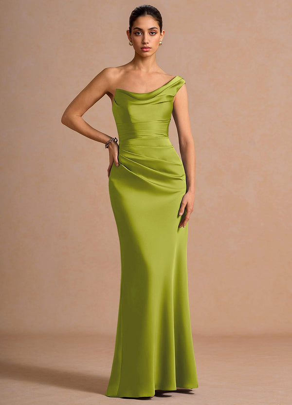 Cassiopeia One-Shoulder Draped Stretch Satin Evening Dress in Lemon Green