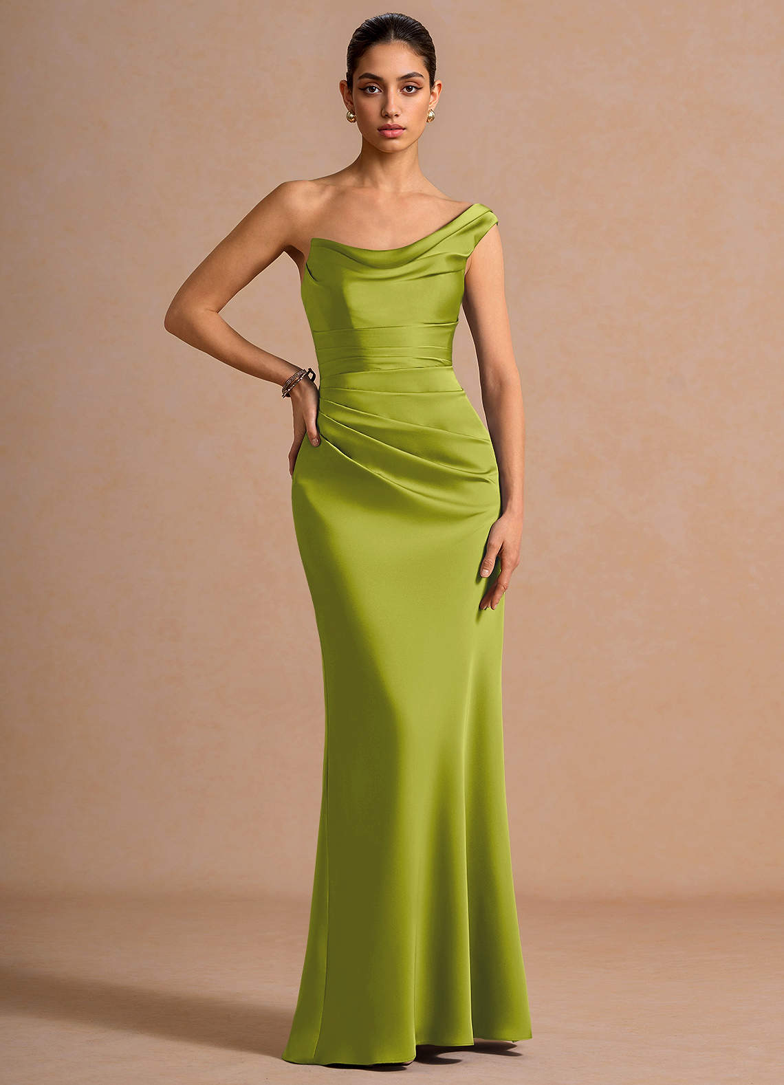 Cassiopeia One-Shoulder Draped Stretch Satin Evening Dress in Lemon Green