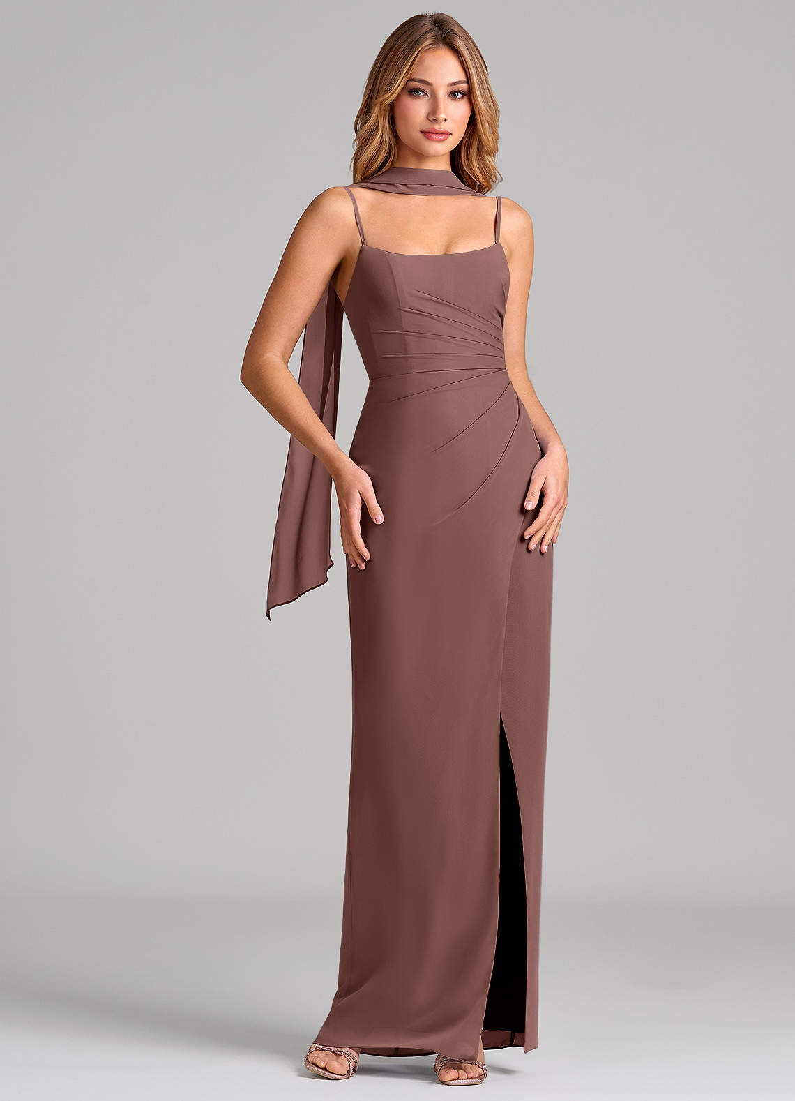 Calandra Sheath Scoop-Neck Chiffon Bridesmaid Dress in Espresso