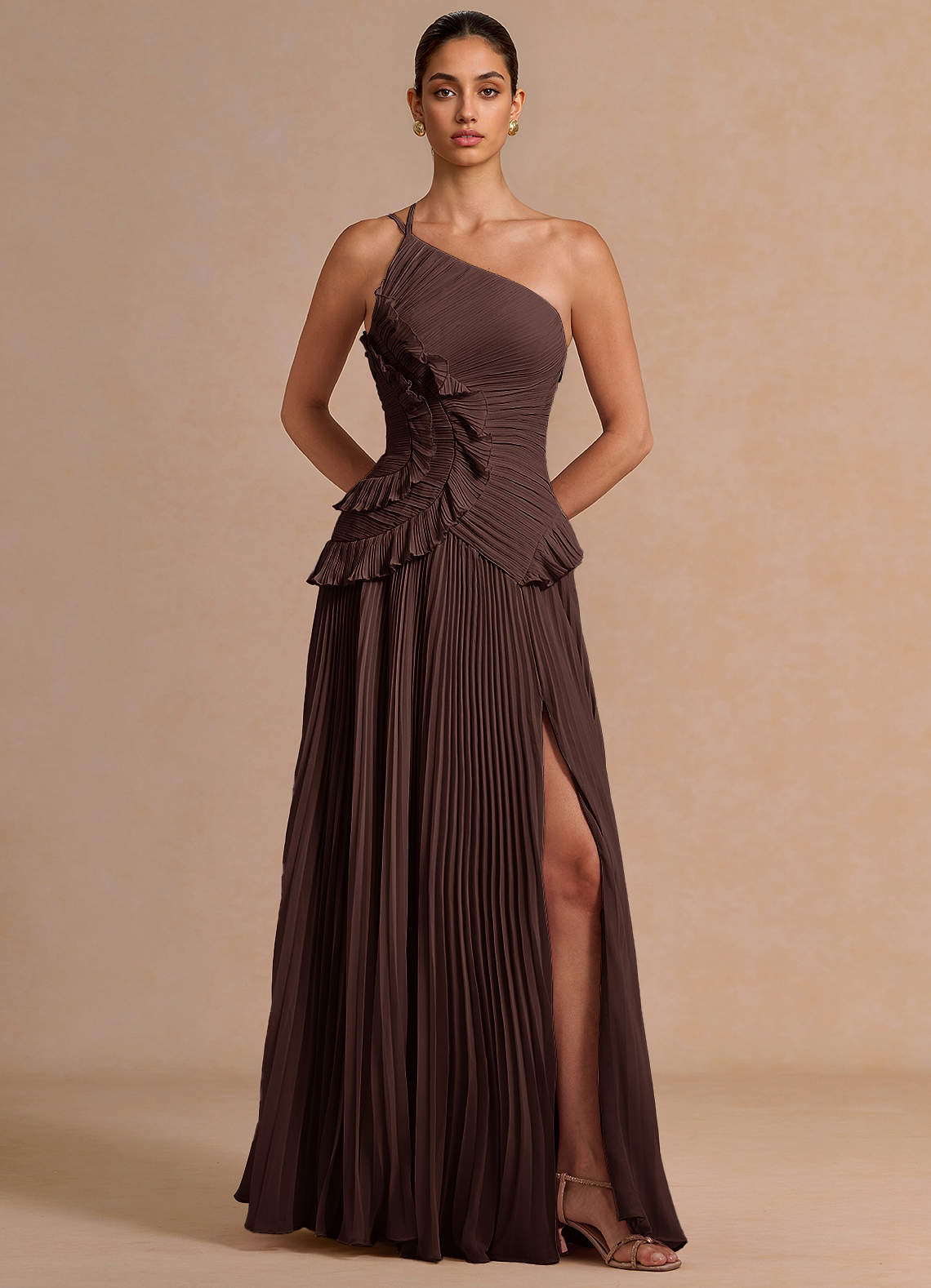 Melody A-Line One-Shoulder Chiffon Evening Dress in Truffle