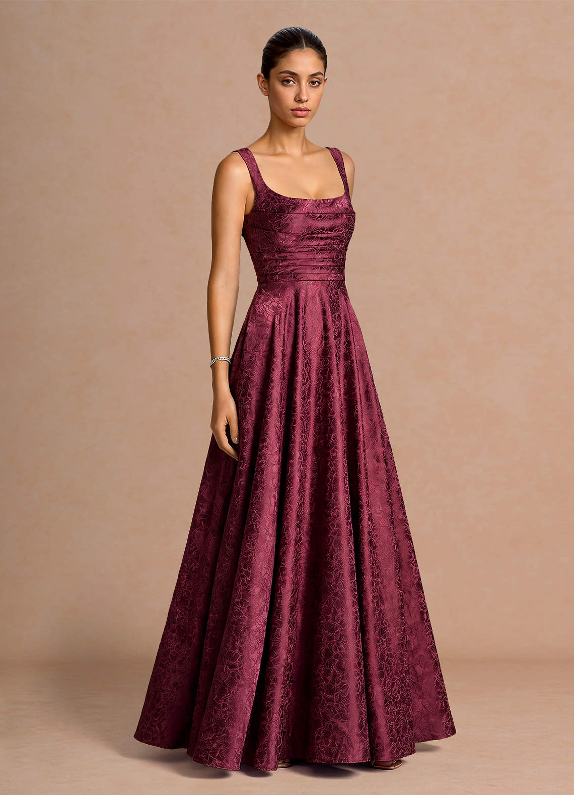 Elowena A-Line Square-Neck Satin Jacquard Evening Dress in Wine