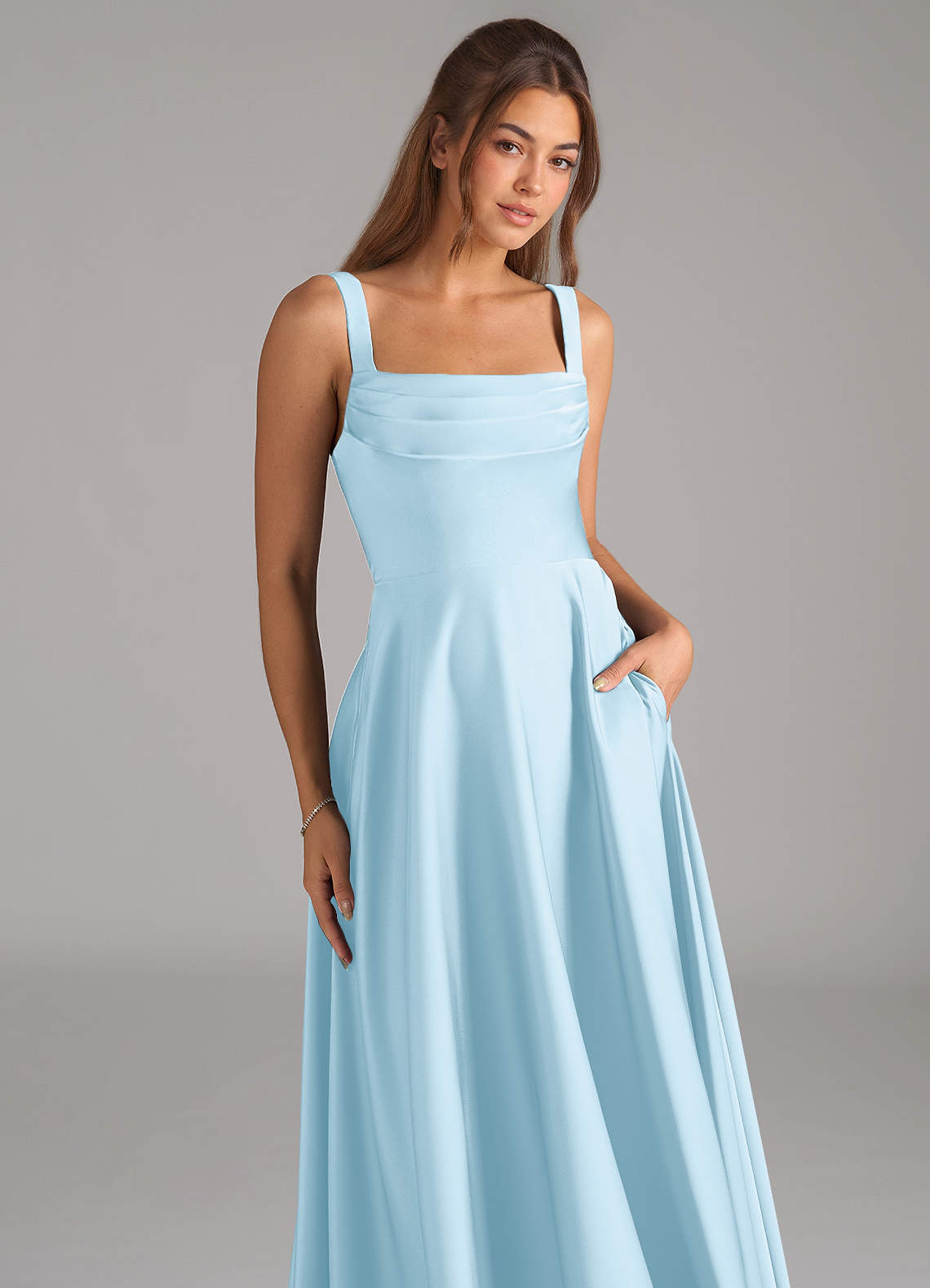 Shaude A-Line Square-Neck Stretch Satin Bridesmaid Dress in Sky Blue