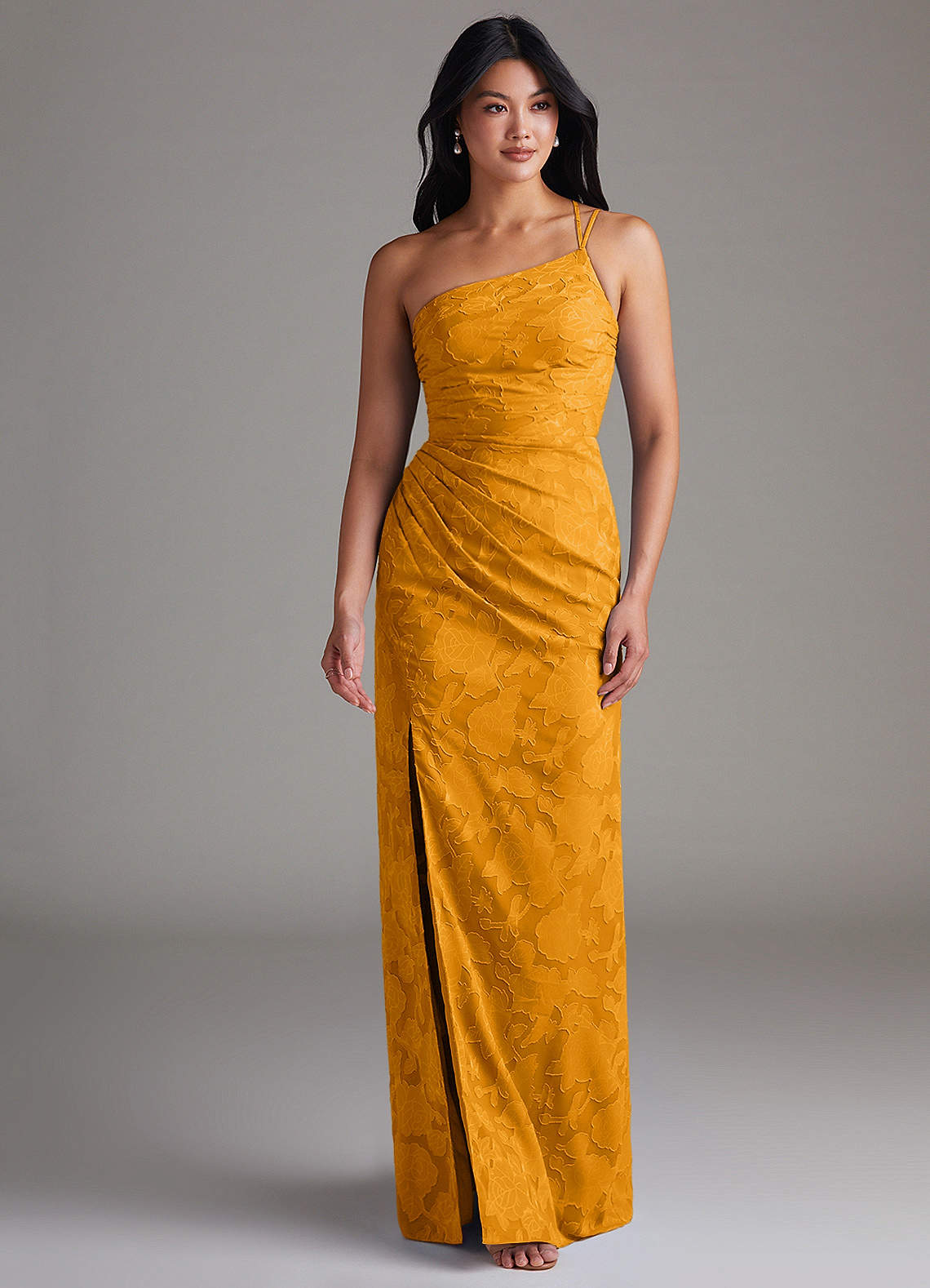 Eren Sheath One-Shoulder Floral Burnout Bridesmaid Dress in butterscotch