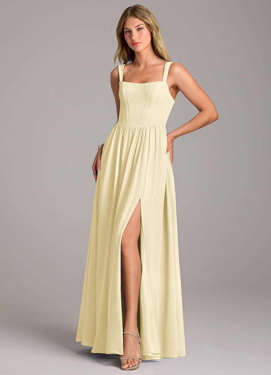 Rosaline A-Line Square-Neck Chiffon Bridesmaid Dress in Lemon Sorbet