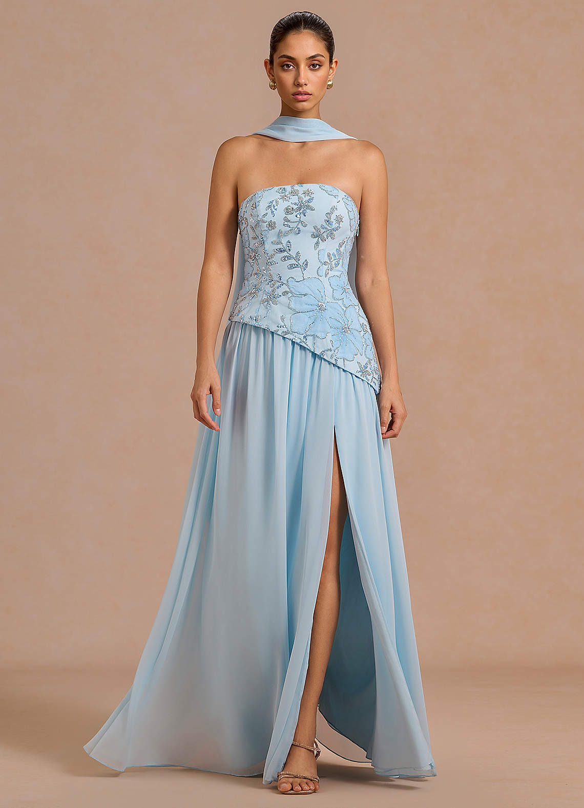 Galatea Sky Blue A-Line Floral Chiffon Evening Dress in White