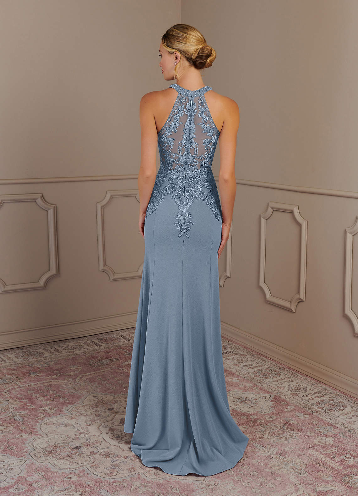Tyra Mermaid Halter Tulle and Stretch Crepe Mother of the Bride Dress in dusty blue