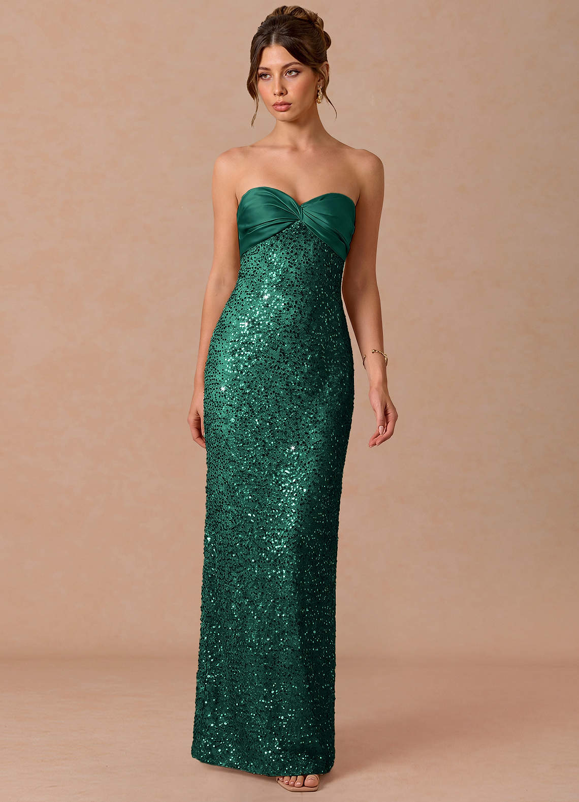 Serelle A-Line Sweetheart Sequin Satin Evening Dress in Emerald