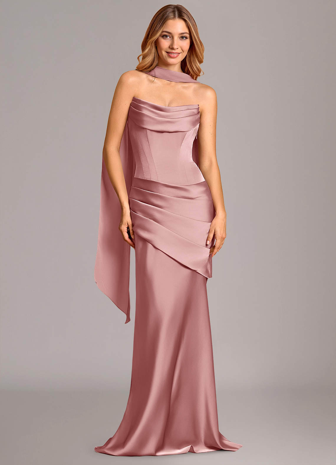 Pelagia Mermaid Cowl-Neck Stretch Satin Bridesmaid Dress in dusty rose