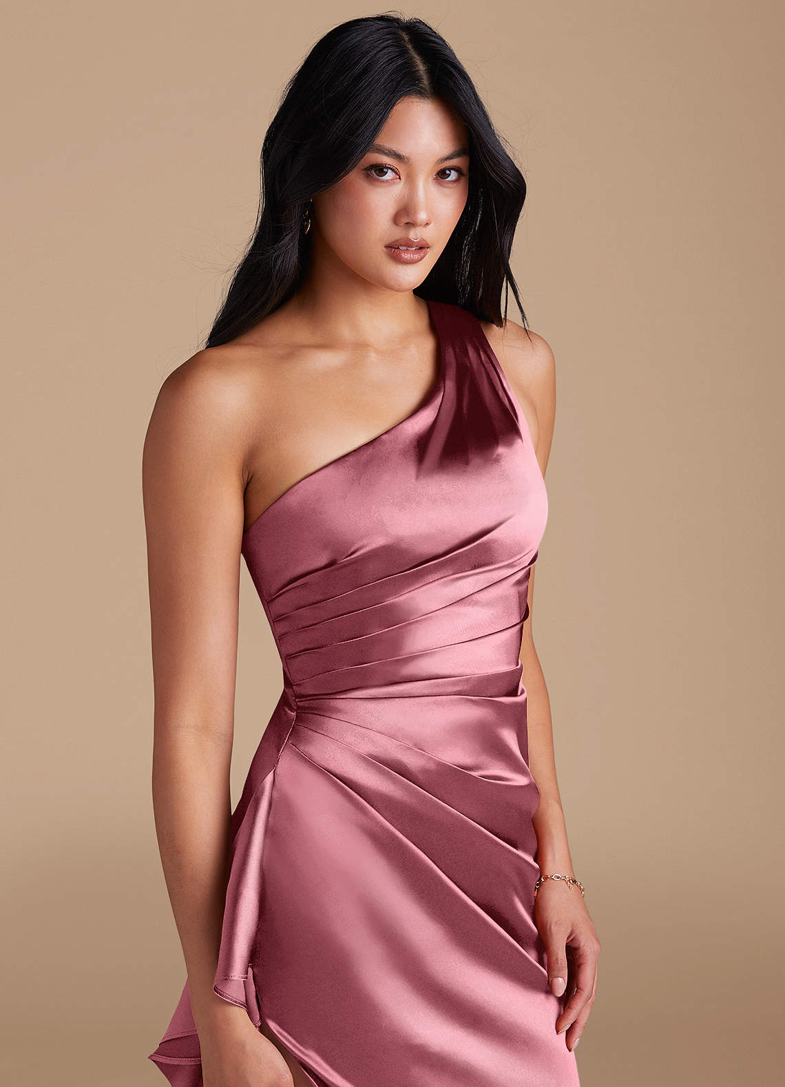 Latrice Sheath One-Shoulder Metallic Satin Bridesmaid Dress in Desert Rose