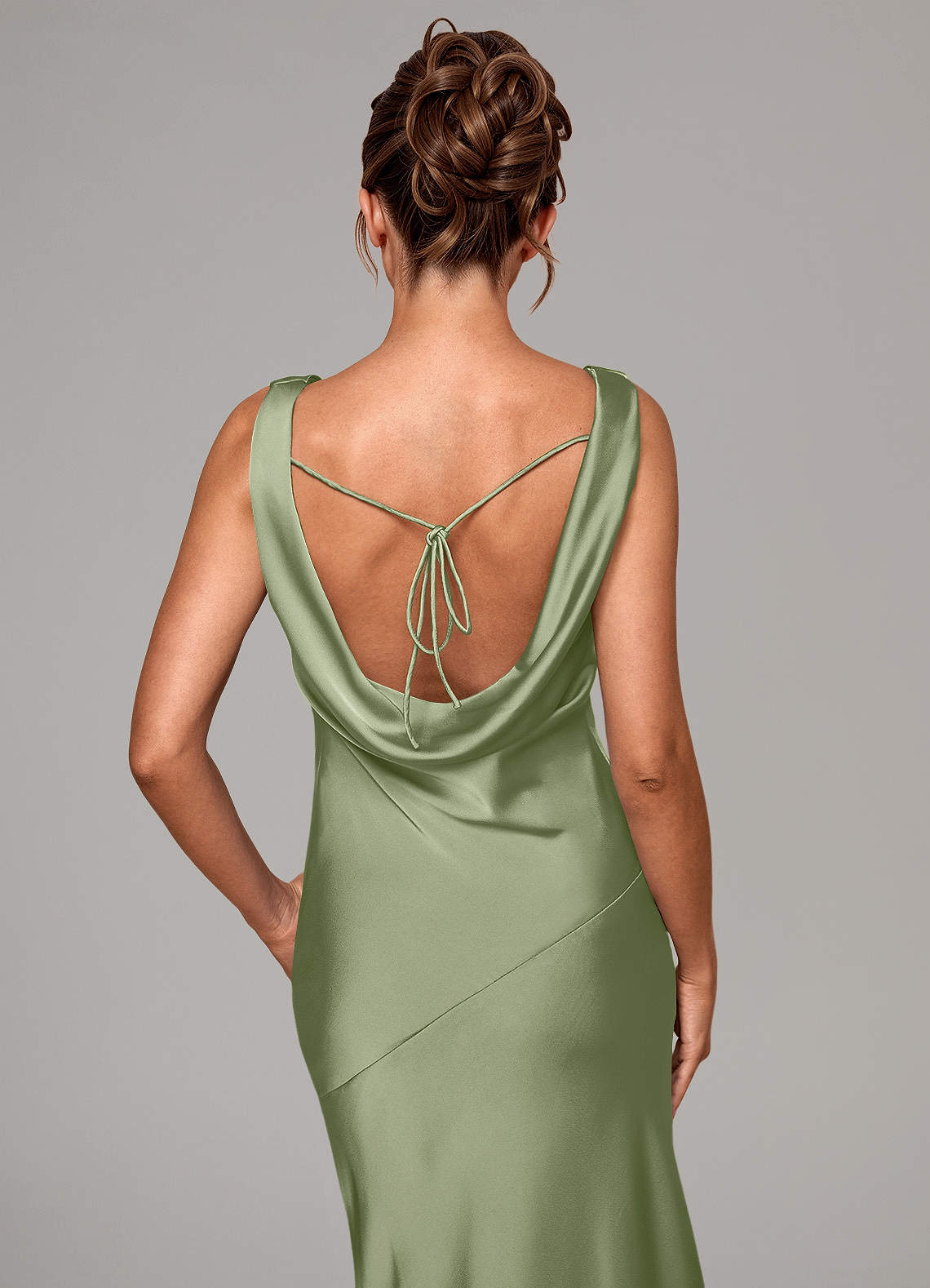 Rylina Mermaid Cowl-Neck Stretch Satin Bridesmaid Dress in Pistachio