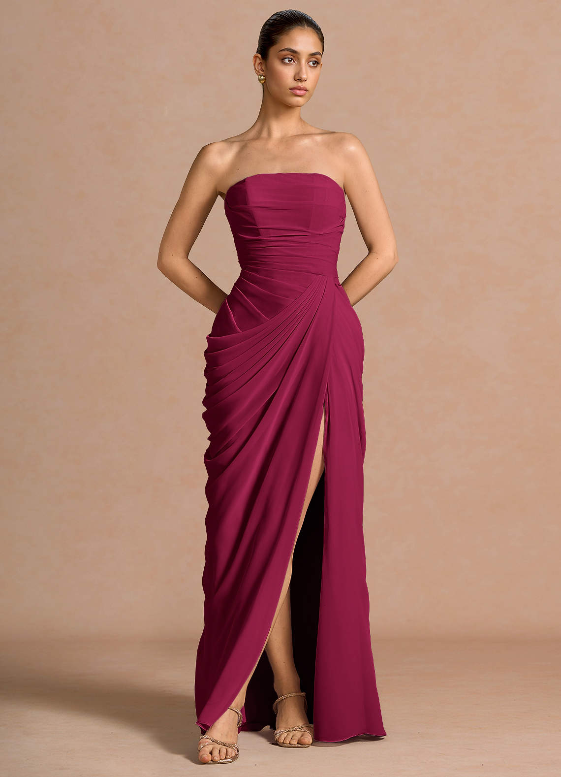 Kaavia Column Pleated Chiffon Maxi Evening Dress in Dusty Blue
