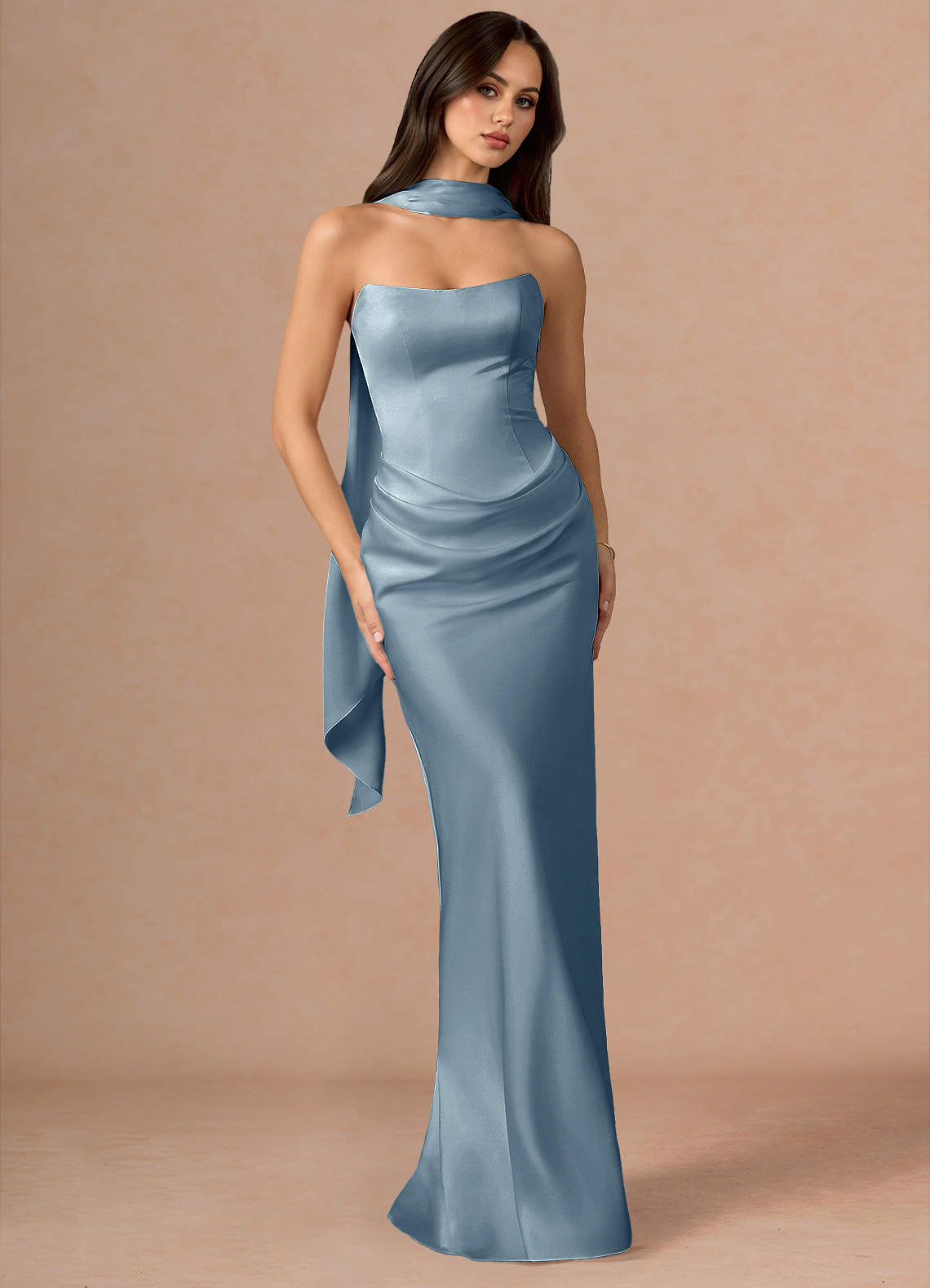 Valencia Scarf Lace-Up Stretch Satin Evening Dress in Dusty Blue