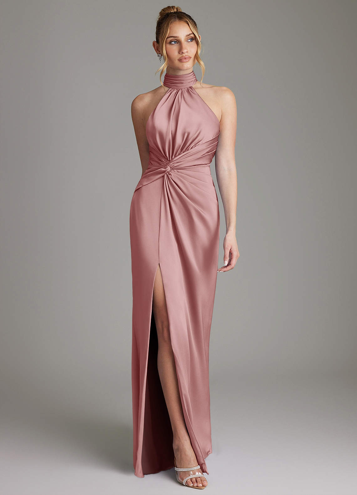 Gracelynn Sheath Halter Stretch Satin Bridesmaid Dress in dusty rose