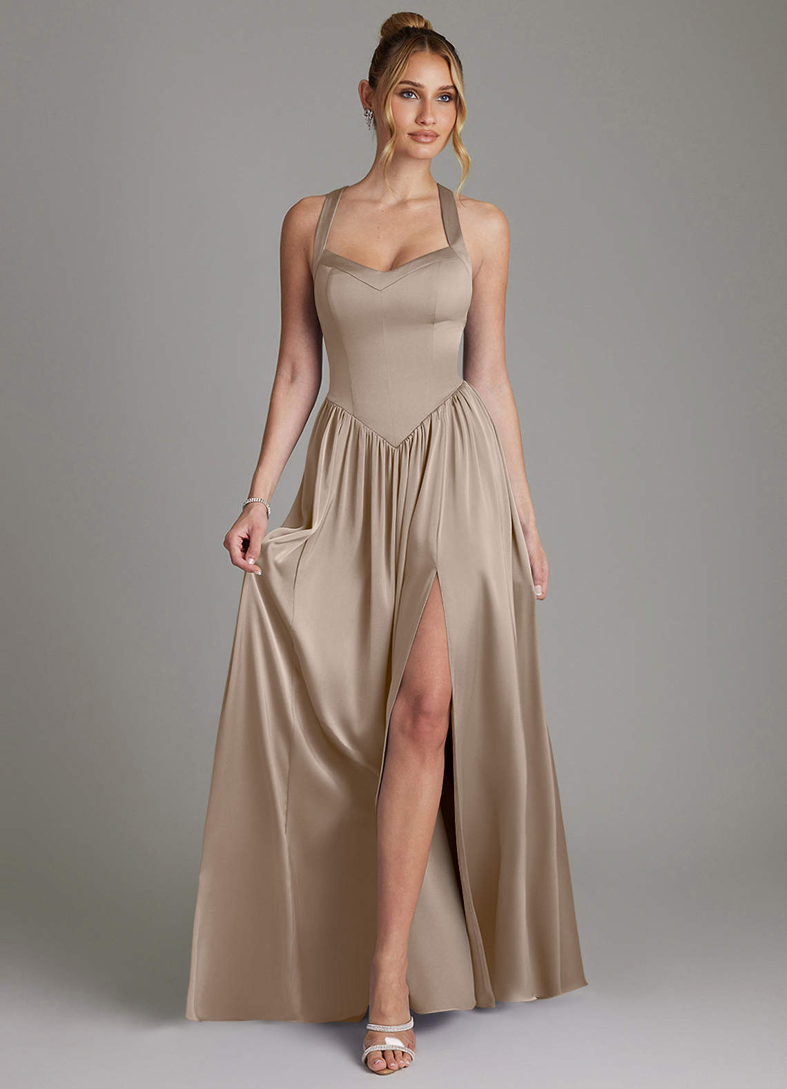 Francis A-Line V-Neck Stretch Satin Bridesmaid Dress in Taupe