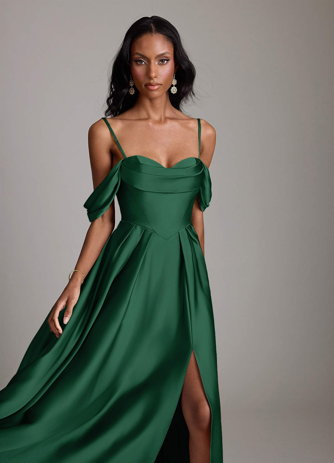Loisa A-Line Off-the-Shoulder Stretch Satin Bridesmaid Dress in Dark Green