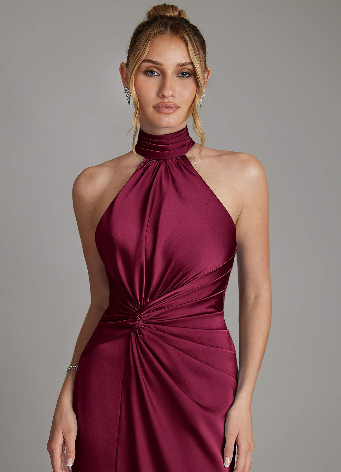 Gracelynn Sheath Halter Stretch Satin Bridesmaid Dress in Burgundy