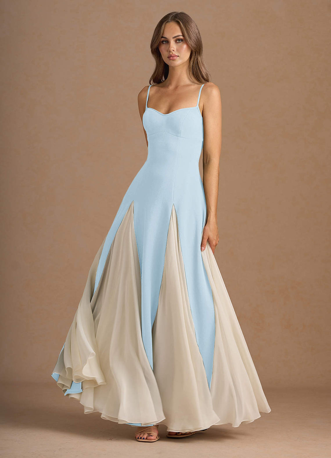 Jessenia A-Line Color-Block Crepe Chiffon Wedding Guest Dress in Sky Blue