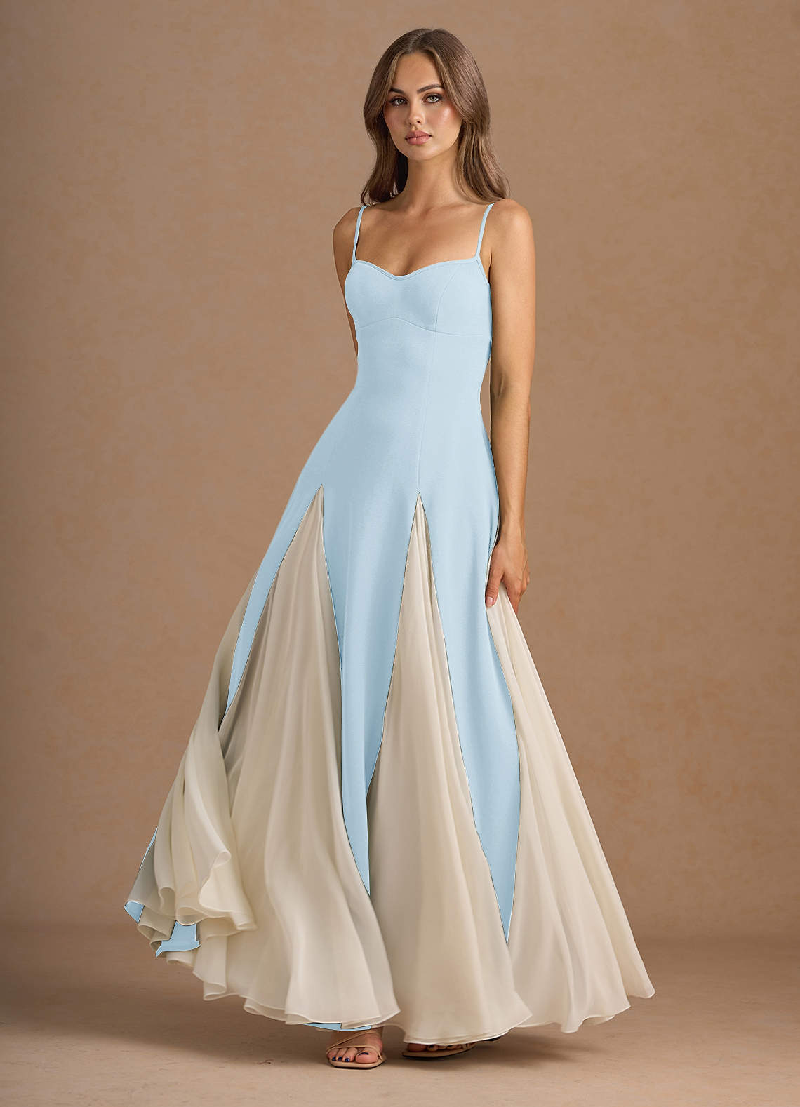 Jessenia A-Line Color-Block Crepe Chiffon Wedding Guest Dress in Sky Blue