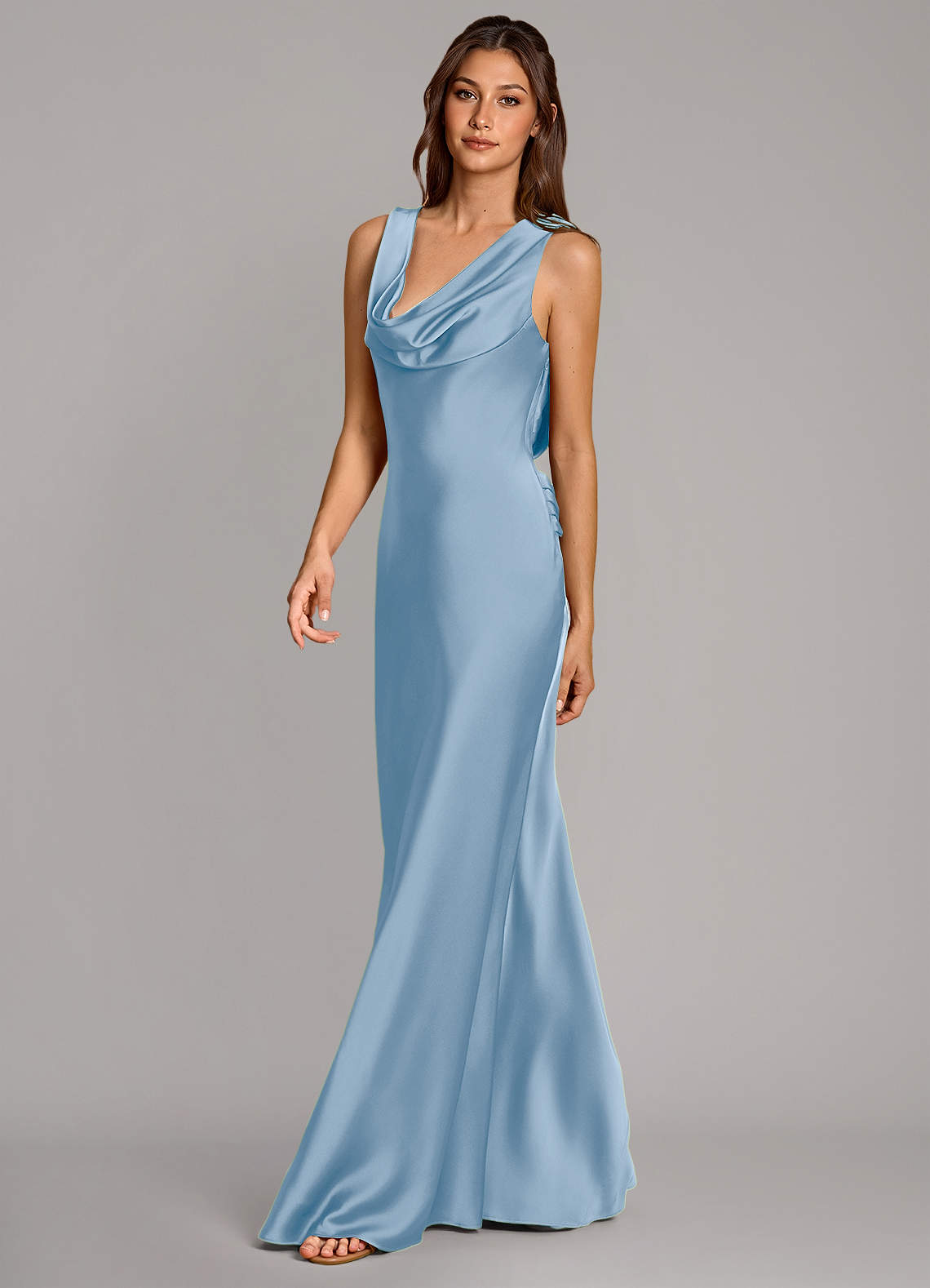 Cheryl Mermaid Cowl-Neck Stretch Satin Bridesmaid Dress in Powder Blue