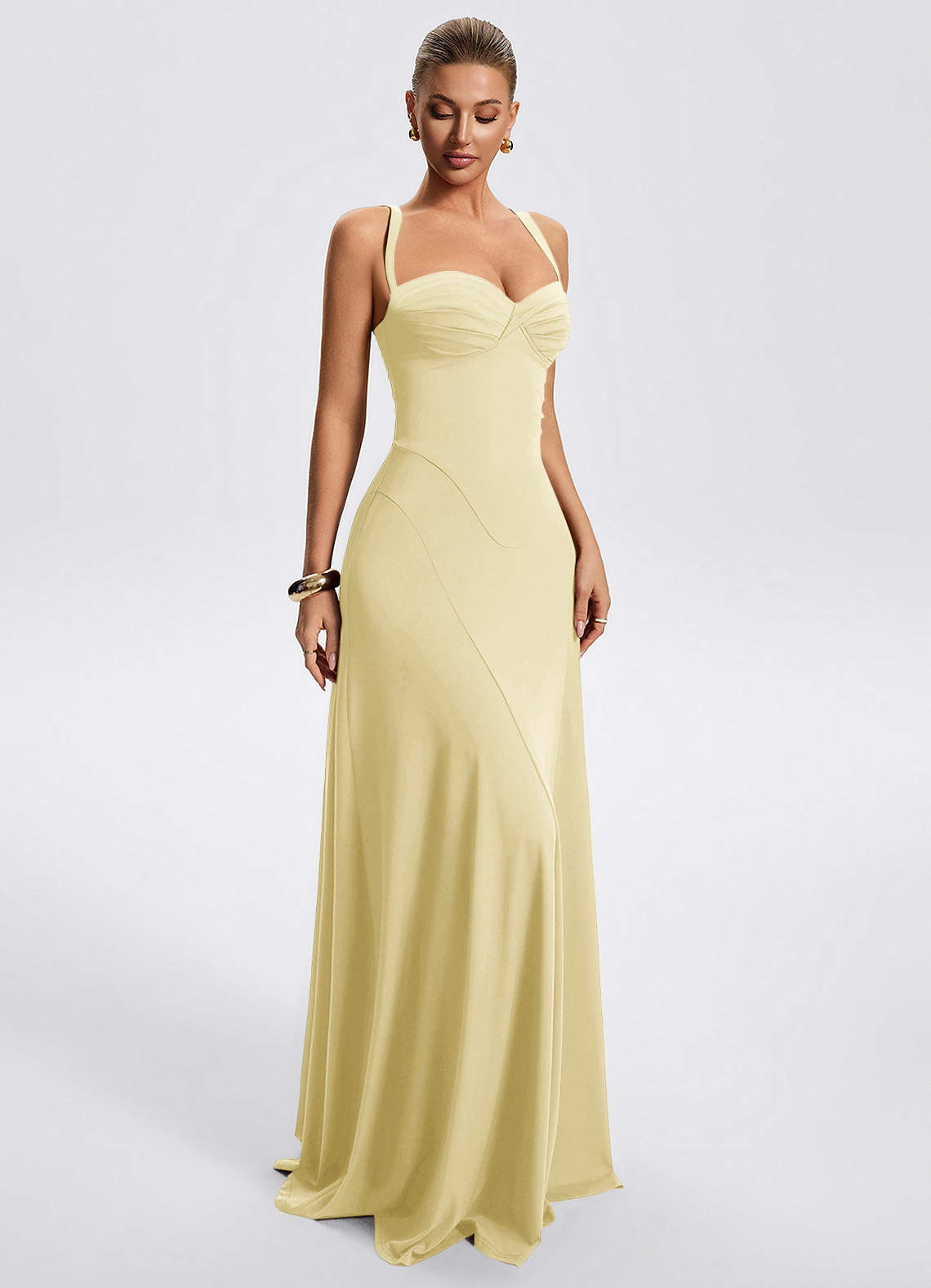 Zephira Fitted Sweetheart Godet Stretch Jersey Wedding Guest Dress in Lemon Sorbet