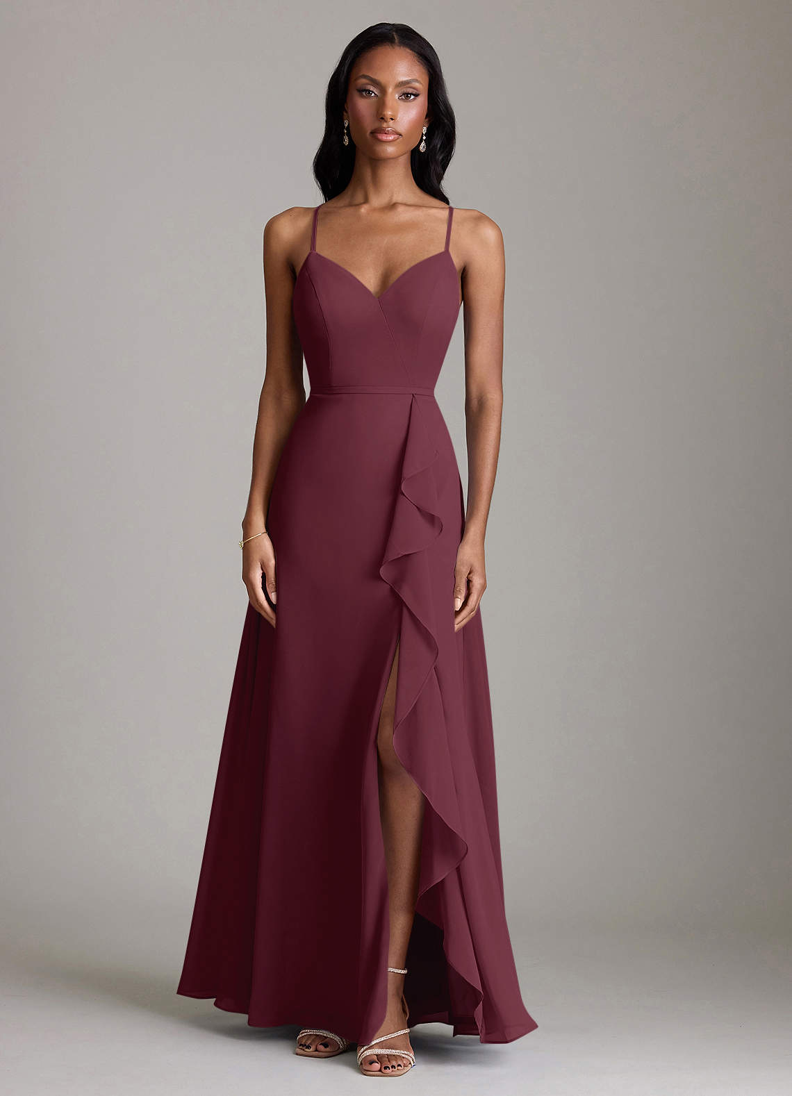 Naeem A-Line V-Neck Chiffon Bridesmaid Dress in Cabernet