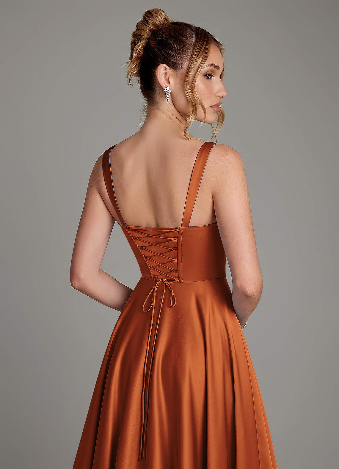 Azaria A-Line Square-Neck Stretch Satin Bridesmaid Dress in Cinnamon