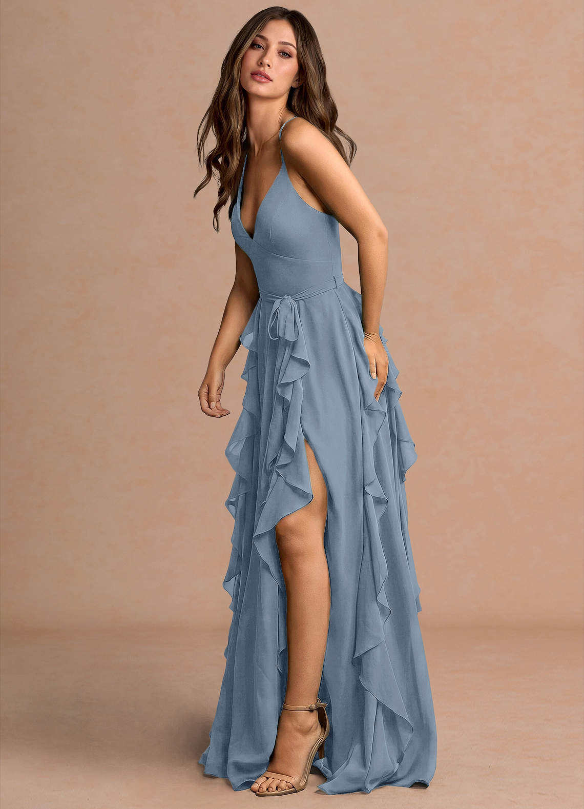 Alouette A-Line V-Neck Chiffon Evening Dress in Powder Blue