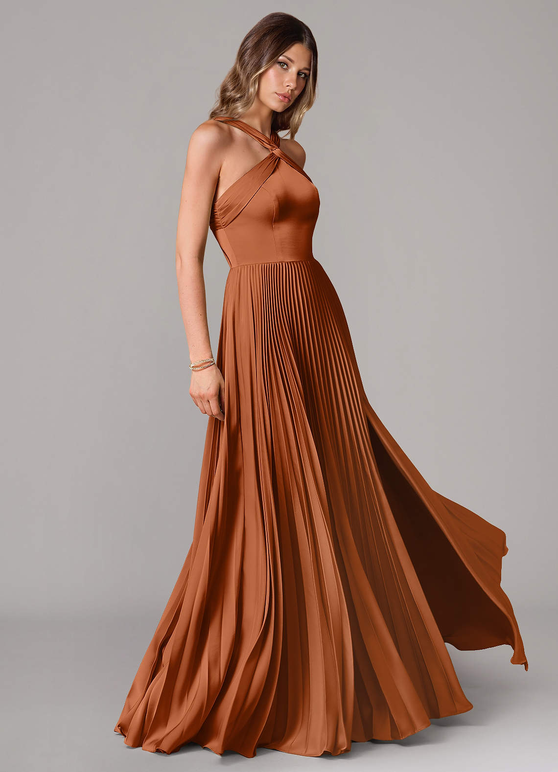 Afra A-Line Halter-Neck Stretch Satin Bridesmaid Dress in Copper