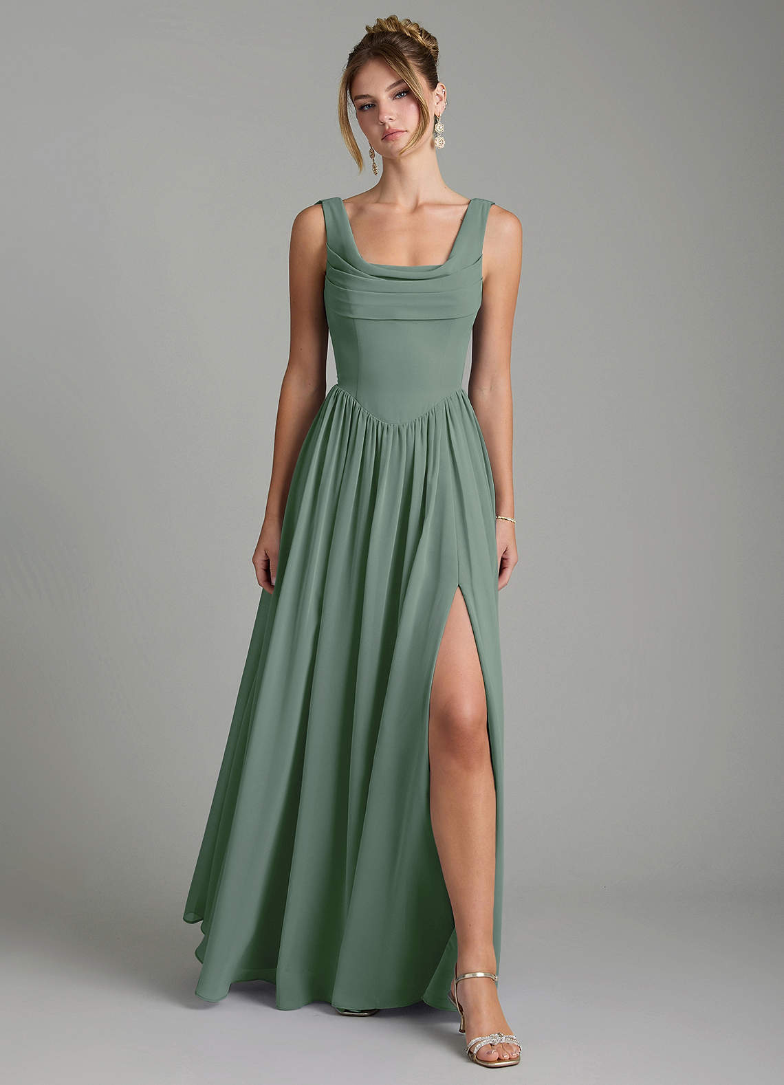Novi A-Line Square-Neck Chiffon Bridesmaid Dress in Eucalyptus