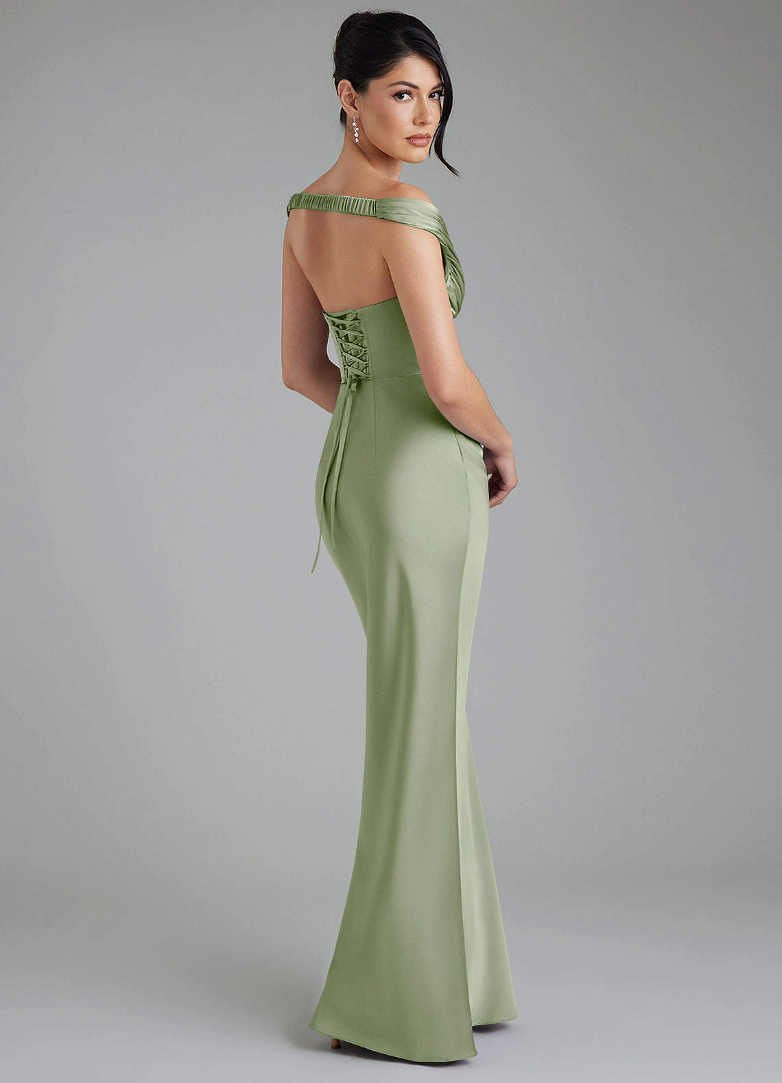 Stella Sheath V-Neck Stretch Satin Bridesmaid Dress in Dusty Sage