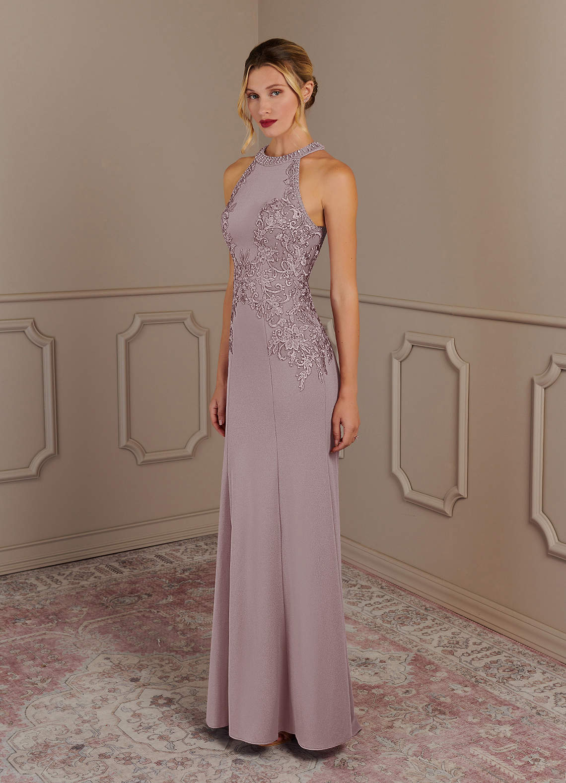 Tyra Mermaid Halter Tulle and Stretch Crepe Mother of the Bride Dress in Vintage Mauve