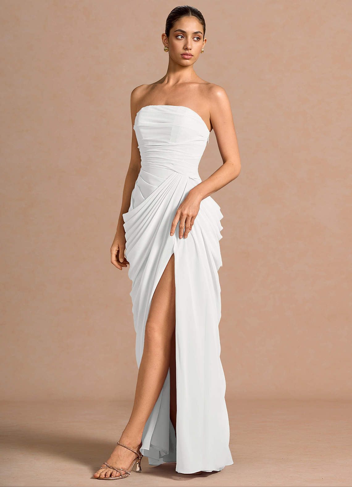 Kaavia Column Pleated Chiffon Maxi Evening Dress in White
