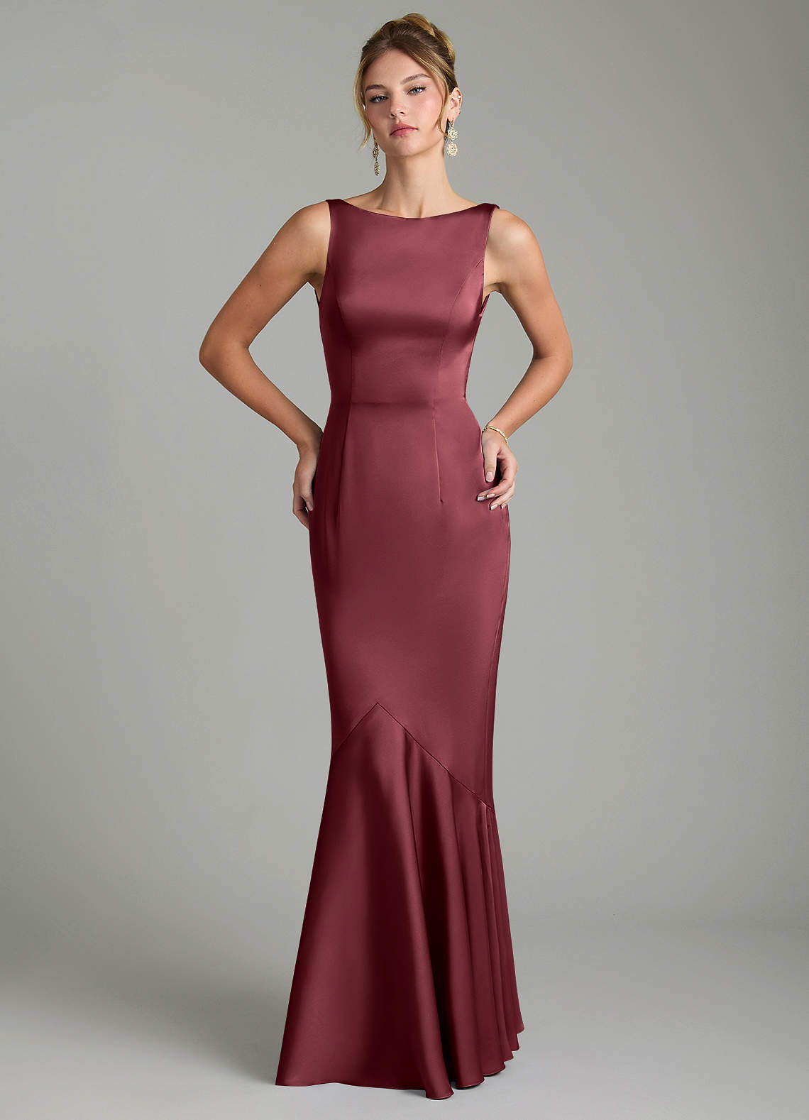 Tamera Mermaid Boat-Neck Stretch Satin and Chiffon Bridesmaid Dress in Merlot