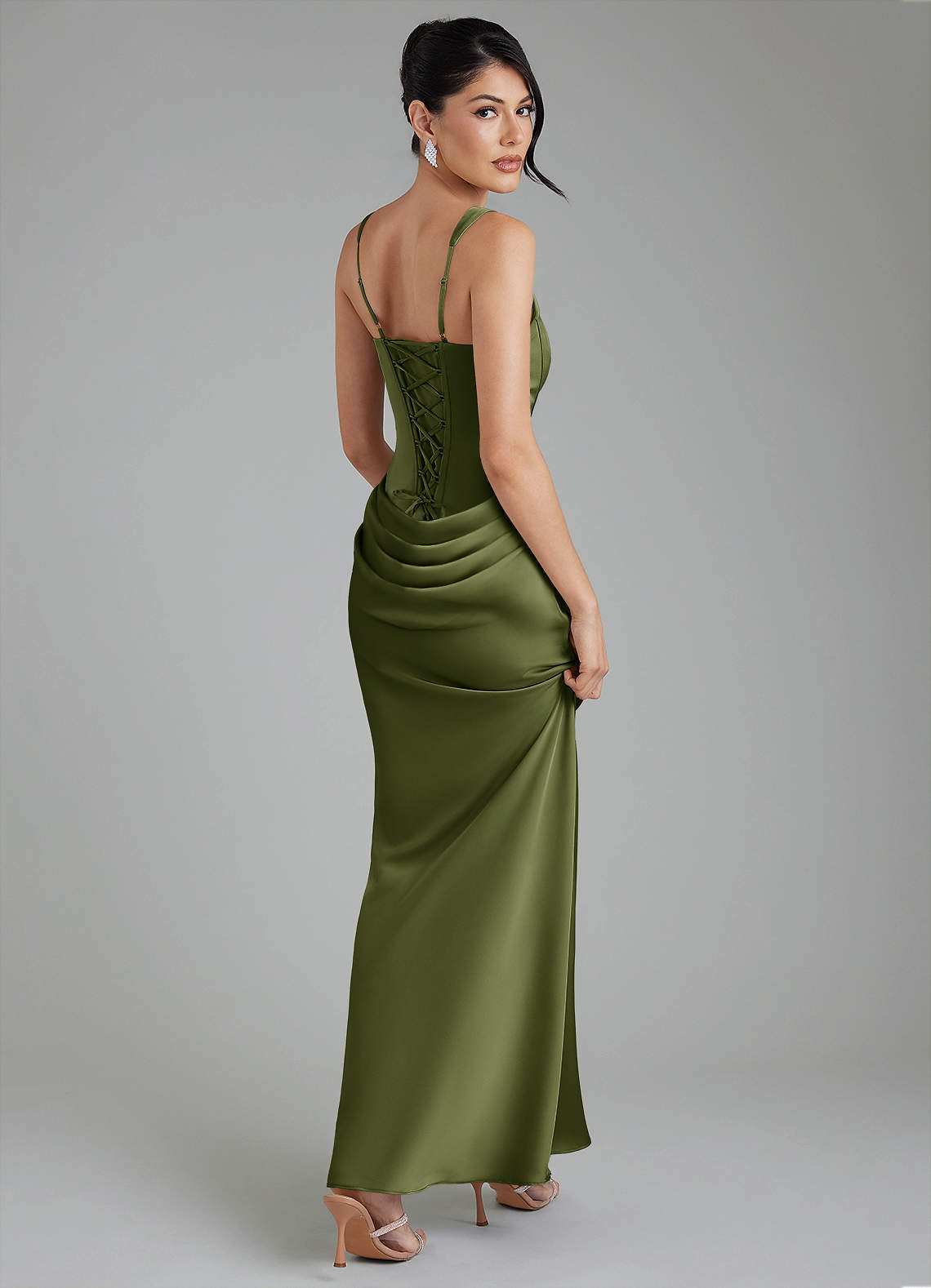 Etta Mermaid Square-Neck Stretch Satin Bridesmaid Dress in Olive