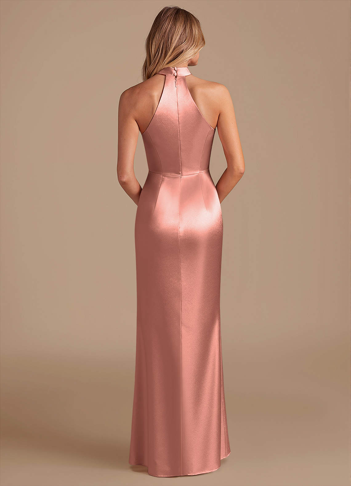Karlotta Sheath Halter-Neck Metallic Satin Bridesmaid Dress in Rosette