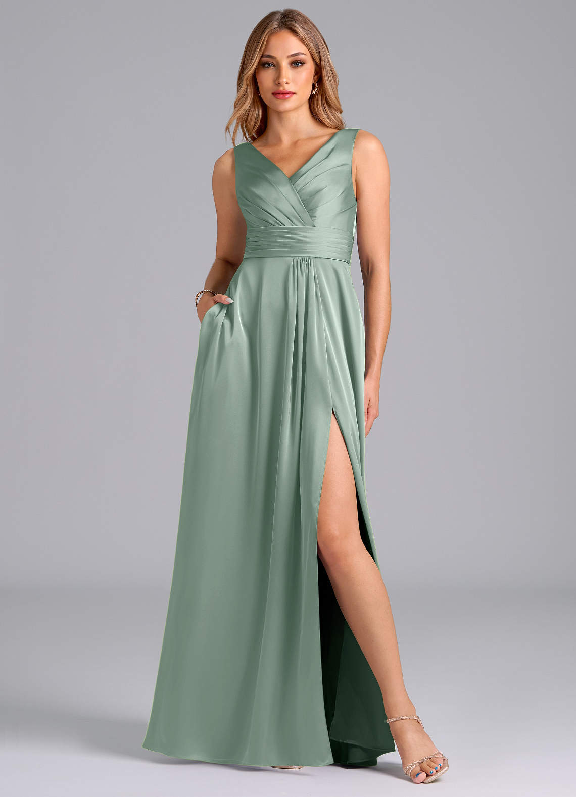 Karina A-Line V-Neck Stretch Satin Bridesmaid Dress in Agave