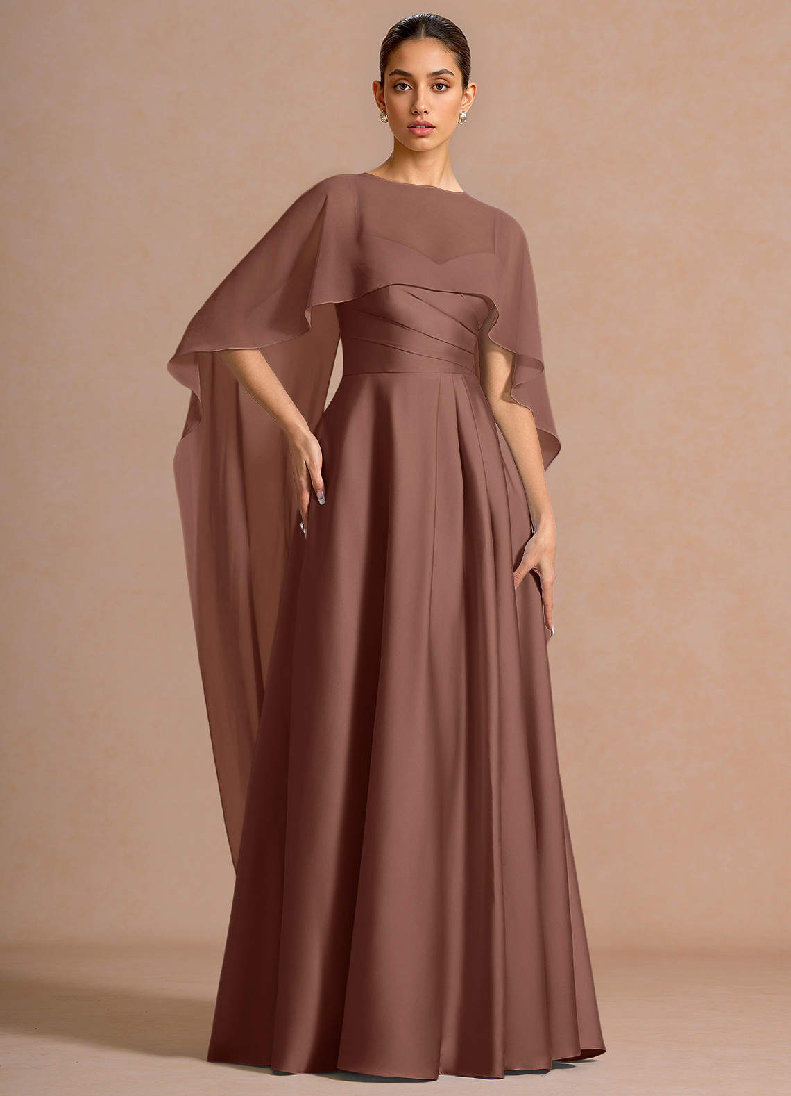 Nancy A-Line V-Neck Stretch Satin and Chiffon Evening Dress in Mocha Coco