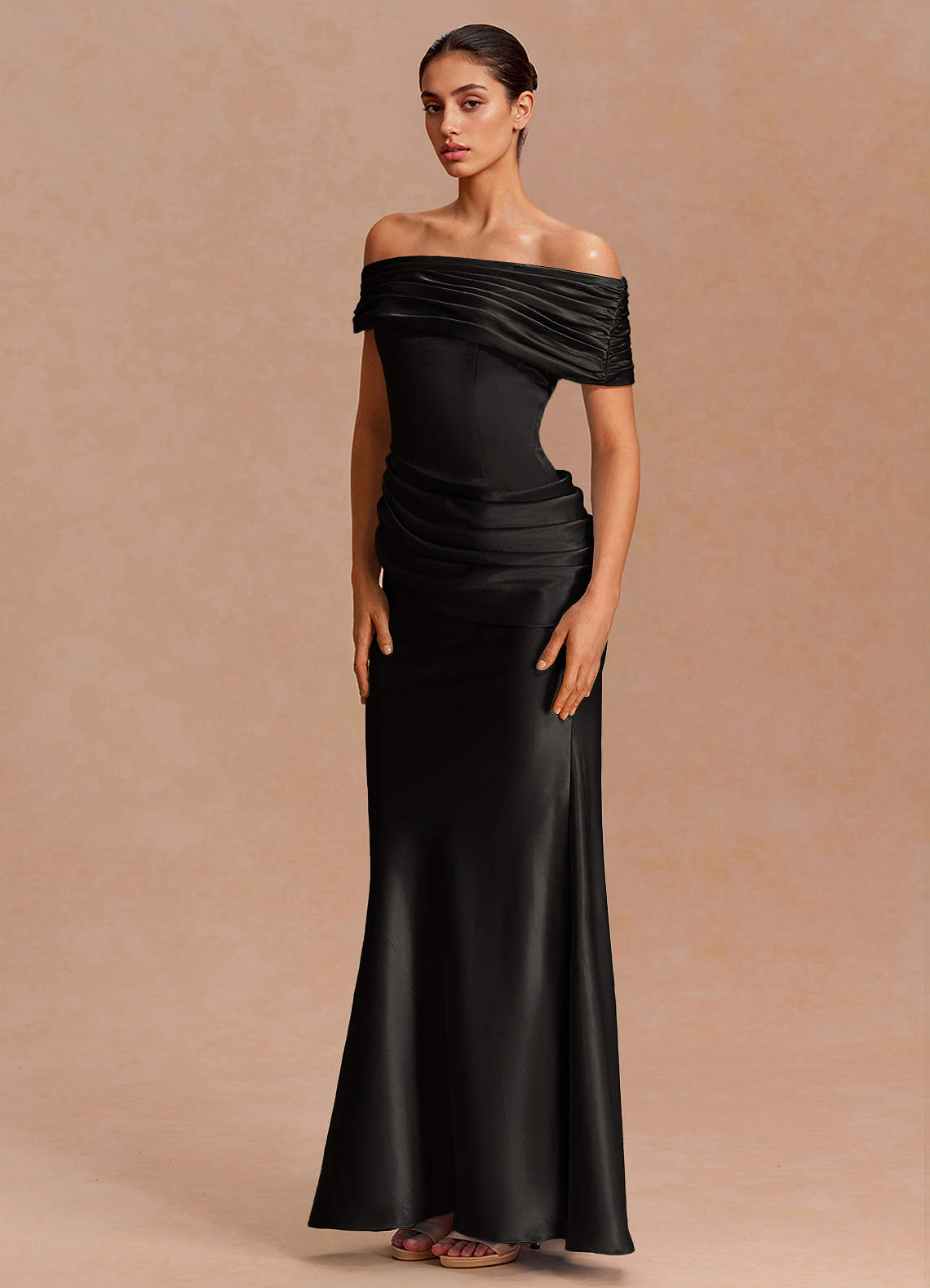 Leonie Strapless Draped-Shoulder Satin Evening Dress in Black