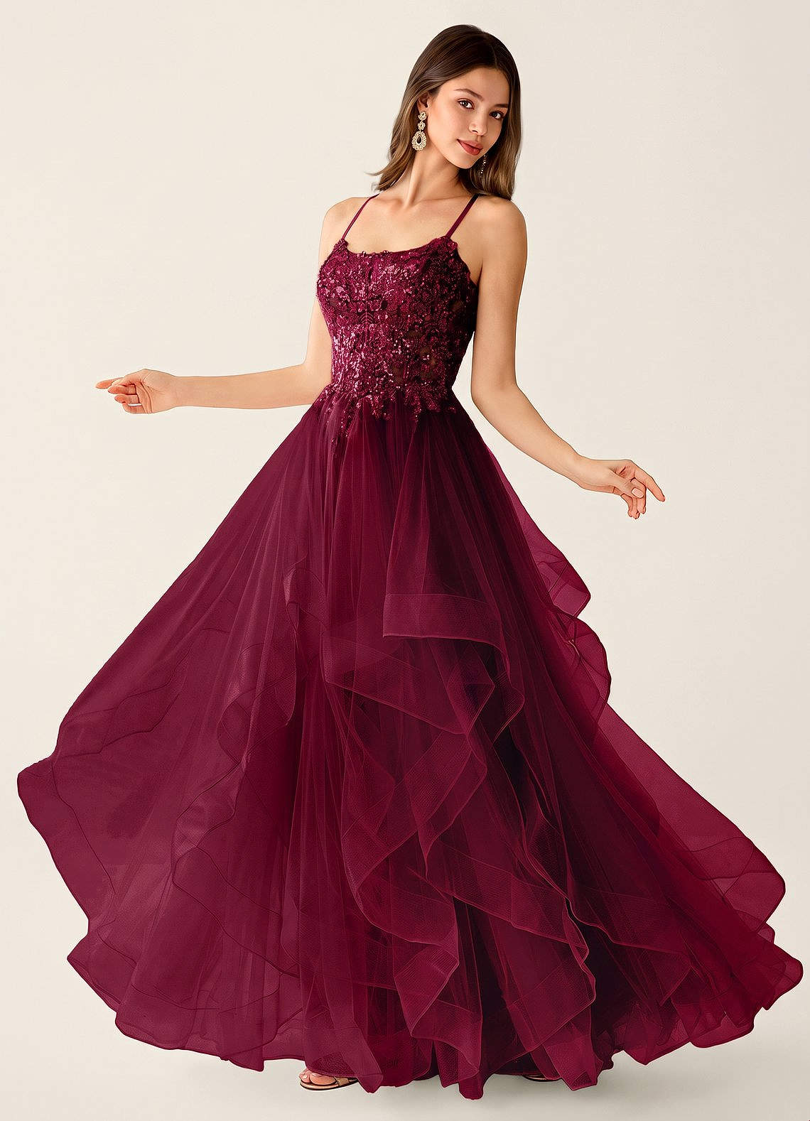 Mosaic A-Line V-Neck Tulle Evening Dress in Burgundy