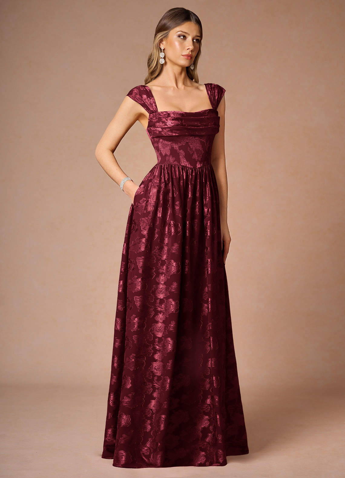 Hazel A-Line Cowl-Neck Fil Coupé Wedding Guest Dress in Wine